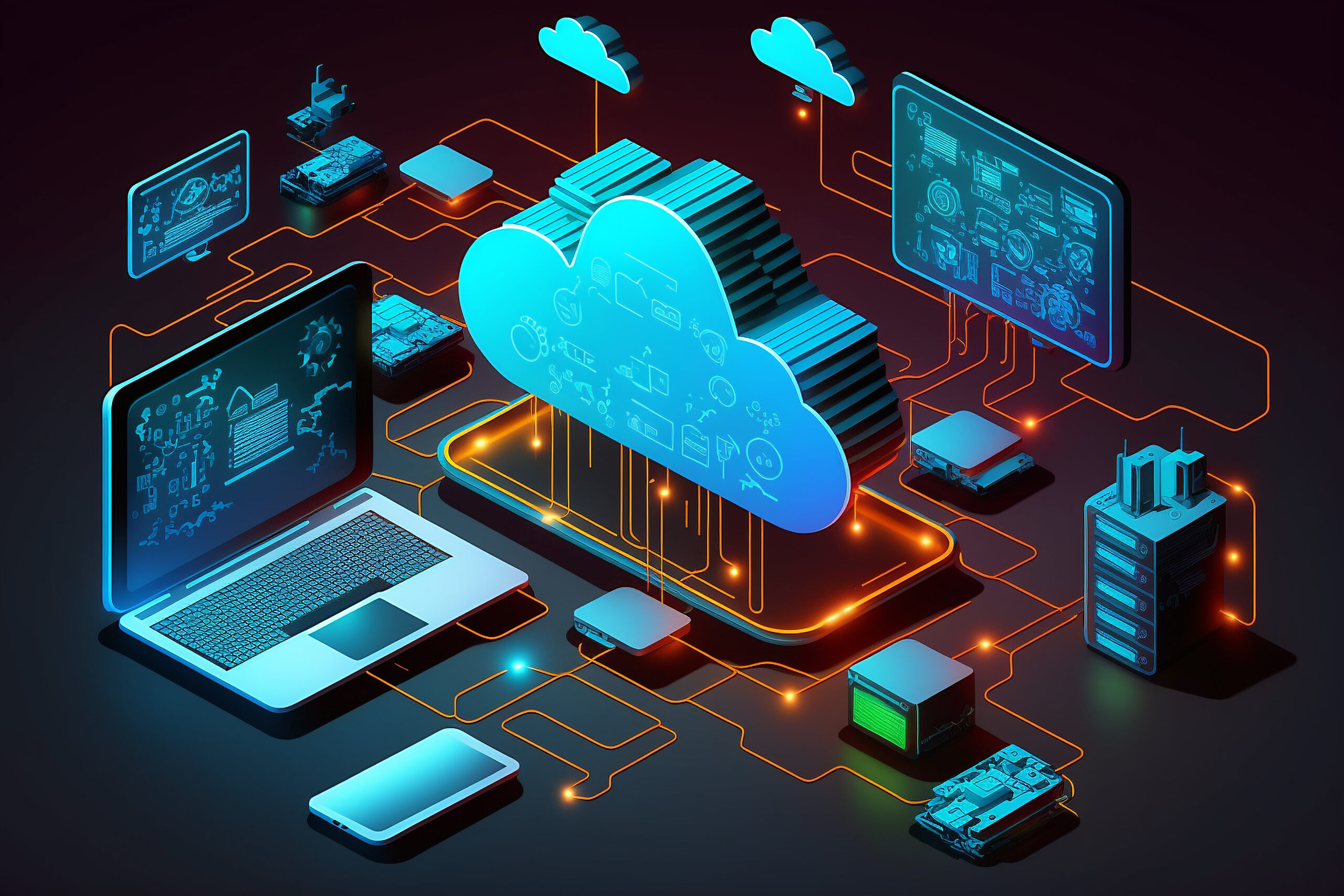 Devices connected to storage in the data center , tablet, phone home devices with an online . Cloud technology, computing. Generative AI.